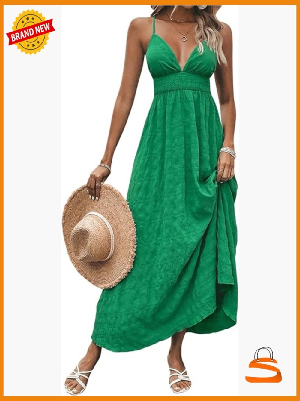 V Neck Backless Maxi Dress Boho Spaghetti Strap A Line Flowy Beach Sundress